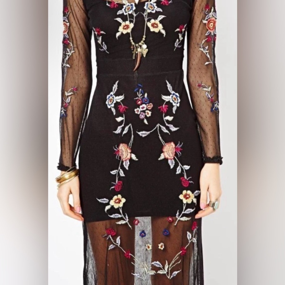 🌸✨ Free People Black Floral Embroidered Maxi Dress Boho Festival Prairie: XS